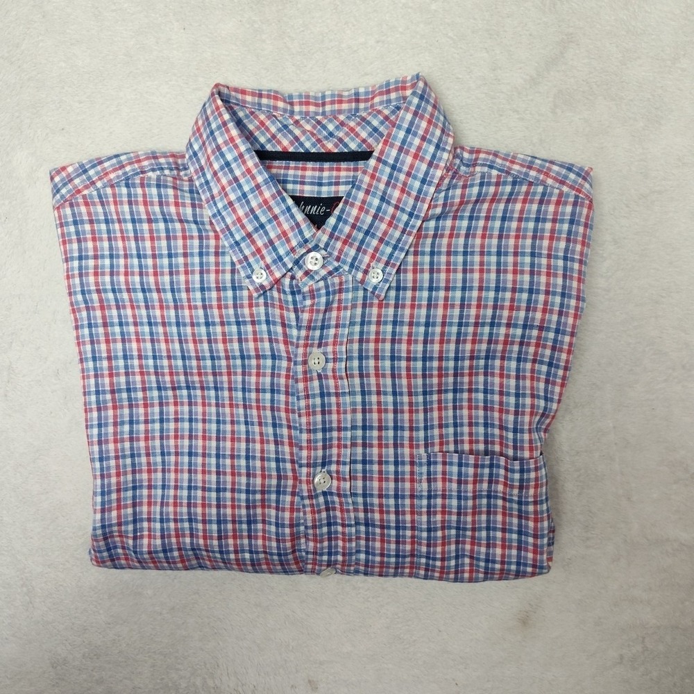 Johnnie-O Shirt Mens Medium Blue Red Plaid Cotton Linen Button Down Long Sleeve